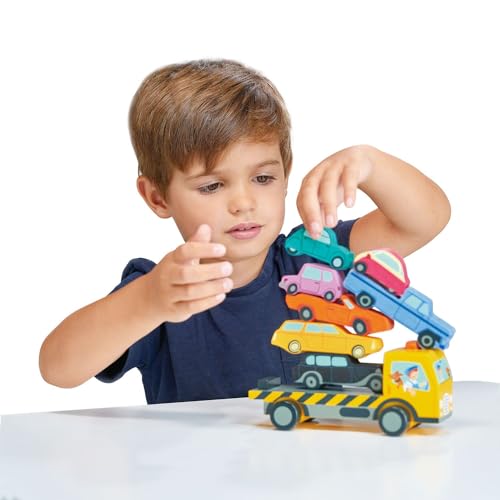 Image of Tender Leaf Toys - Stacking Cars - 7 Wooden Stacking Toy Cars and a Wheeled Truck for Toddler Boys and Girls - Boost Fine Motor Skills and Hand-Eye Coordination - Great Gift for Car Lovers - Age 18m+