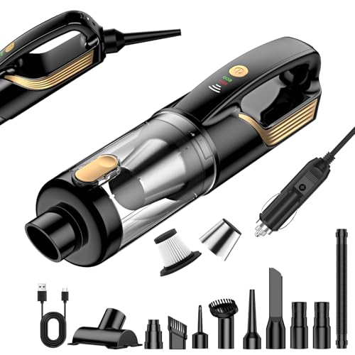 RABIGALA Handstaubsauger Akku 4-in-1, 27000PA Auto Staubsauger Stark, Autostaubsauger Kabellos mit 12V Kfz-Zigarettenanzünder-Anschlusskabel 5m, 2-Gang Handstaubsauger Auto für Auto, Haushalt