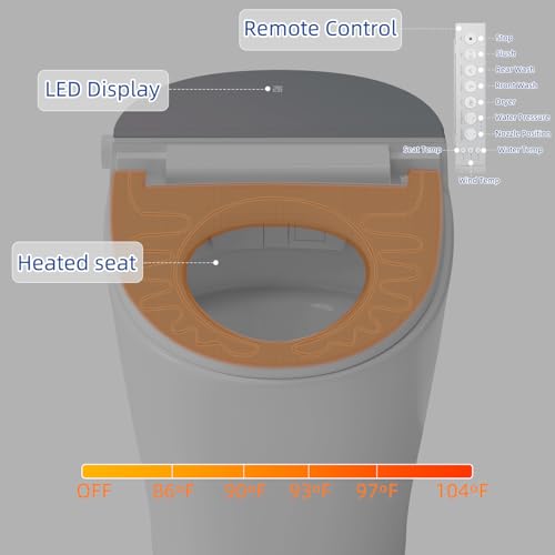 Inodoro inteligente blanco, cerámica y plástico, tapa automática con sensor, descarga sin tocar con sensor de pie y al levantarse, asiento calefactado, luz nocturna, lavado femenino, control remoto, inodoro monobloque alargado miniatura 3