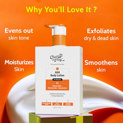 Image of Chemist At Play AHA Body Lotion for Dry Skin | Exfoliates Dead Skin, Deeply Nourishes & Boosts Radiance | With 5% Natural AHA, Niacinamide & Shea Butter | Skin Brightening & Moisturising Lotion- 236ml