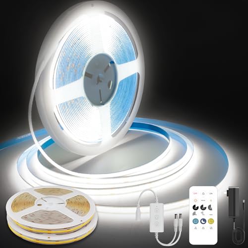 COB-LED-Strip-Lights-Cool-White24V-Dimmable-led-Light-Strip-KIT-with-Remote-and-app-Control6000K-50FT15m-8mm-Wide-Ra90-Cuttable-Flexible-Strip-Lights-for-BedroomWardrobeCabinet COB LED Strip Lights Cool White,24V Dimmable led Light Strip KIT with Remote and app Control,6000K 50FT/15m 8mm Wide Ra>90 Cuttable Flexible Strip Lights for Bedroom,Wardrobe,Cabinet - Image 1