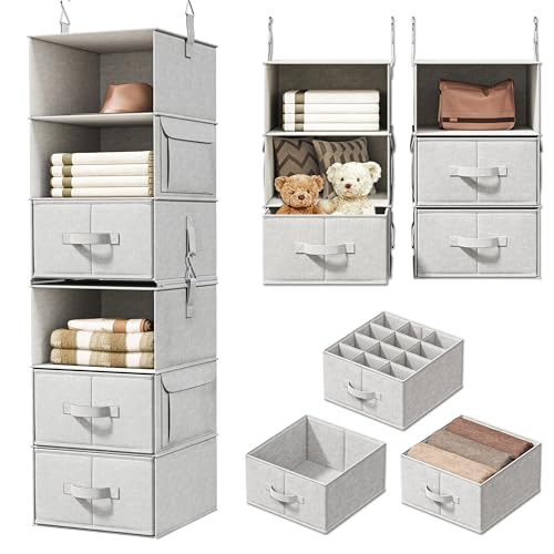 Image of Vailando 6-Shelf Hanging Closet Organizer with 3 Drawers, 2 Separable 3-Shelf Closet Organizers and Storage for Wardrobe Organization, Hanging Dresser for Nursury & Dorm Clothes Organizer