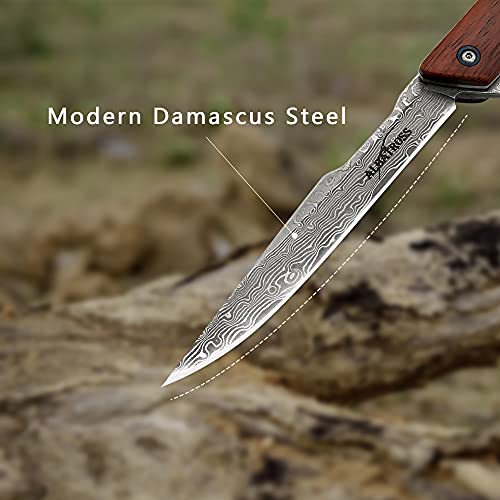 Albatross Edc Thin Vg10 Damascus Camping Folding Pocket Knife; 3.5" Damascus Blade, 4.5" Yellow Sandalwood Handle,Gifts Box/Collections (Hgdk025) #TOP5