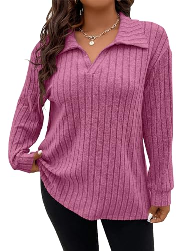 Image of Koscacy Women Plus Size Casual Knit Sweater Lapel V Neck Solid Color Tops Lightweight Long Sleeve Blouses