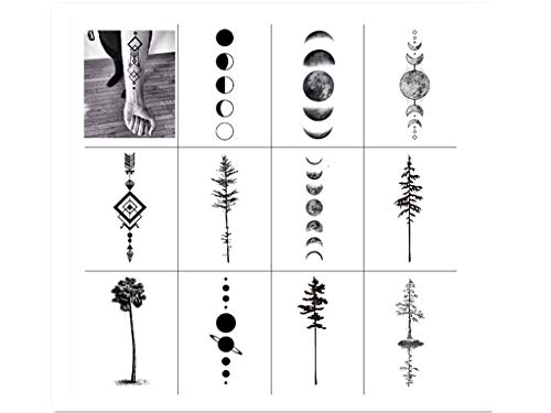 SanerLian Black Geometry Tree Tattoo Sticker Moon Phase Arrow Temporary Fake Tatoo Waterproof Men Women Arm Shoulder Back Body Art 13.8X4cm Set of 12 (SF031)