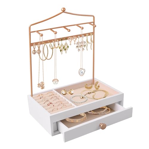 SEEYUAN Necklace Holder- Jewelry Organizer Stand, Earring Ring Bracelet Display Stand with Tray Storage Drawer for Bangles, Necklaces, Bracelets and Watch
