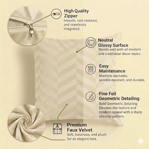 Image of TEXIVA Premium Velvet Cushion Covers Set of 5, 16x16 Inch Sofa Cushion Covers with Hidden Zipper, Modern Chevron Pattern - White