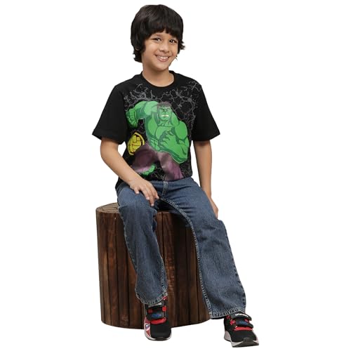 Image of Kidsville Hulk Printed Regular Fit Black Cotton Boy's T-Shirt