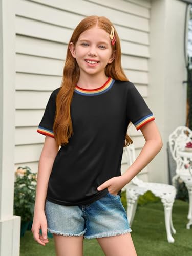 Image of Haloumoning Girls Short Sleeve T-Shirts Summer Rainbow Tops 5-14 Years