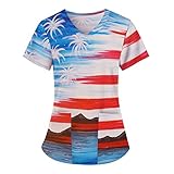Christmas Scrub_Tops for Women Short Sleeve Vneck Flag Print Holiday Tops