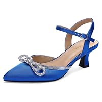 DOBOLIN Salto gatinho de largura larga para mulheres, laço de strass, bico fechado, bico fino, tira no tornozelo, vestido de casamento para festa de casamento, Azul, 8 Wide