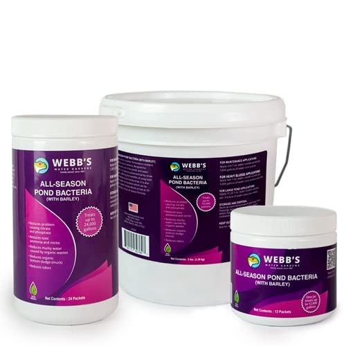 Webb's Water Gardens Całoroczne bakterie stawowe z paczkami jęczmienia – nośność do 2000 galonów – 12 opakowań dla łatwego nakładania – 2,3 kg – idealne do oczyszczania wody w stawie i utrzymania