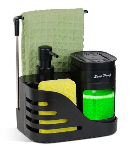 VITACHY Organisateur Évier Cuisine Noir – Distributeur Savon 4 en 1 Vaisselle et Mains, Porte Éponge et Support Chiffon – Rangement Compact pour Plan de Travail...