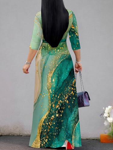 Image of Plus Size Dresses for Women Print Maxi Dresses 3 /4 Sleeve with Belt