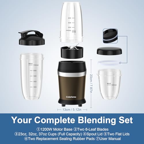 Image of Colarlemo 12-Piece Smoothie Blender Maker 25,000 RPM Personal Blender for Ice Crushing Smoothies & Frozen Drinks Nuts with 23oz, 32oz, 37oz Portable Cups Two 6-Leaf Stainless Steel Blades, Coffee
