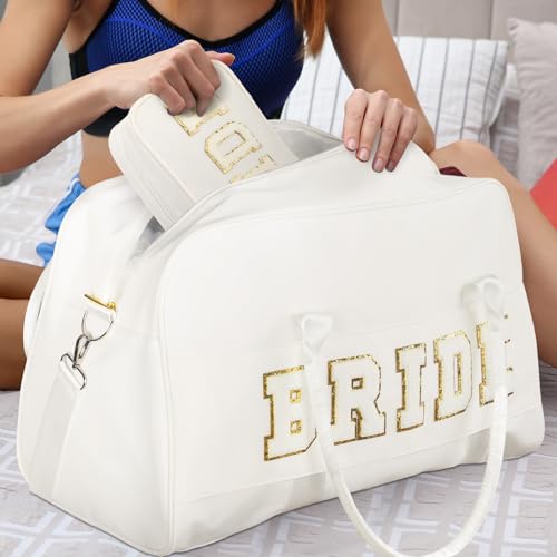 2 Pcs Wedding Weekender Bag Bride Groom Duffle Bag Chenille Letter Patch Travel Bag for Bridal Shower Honeymoon Gift(BRIDE)4