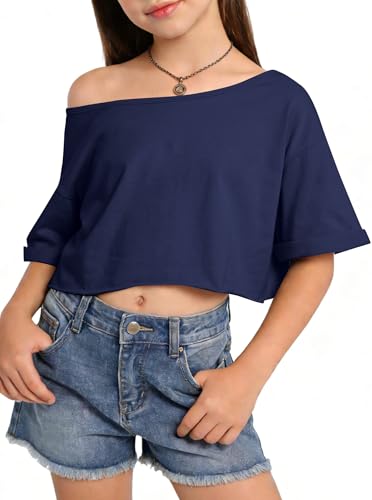 Image of Girls Off the Shoulder Tops Crop Short Sleeve Tees | Rolled Cuffs, Loose Fit, Crop Tops, Dance, Summer, Oversized, Trendy