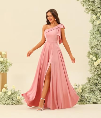 BITALY One Shoulder Bridesmaid Dress with Bow Long Prom Dress Satin Formal Gown with Slit BI1513