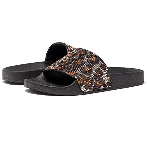 Herstyle SLCosmic Women's Fashion Rhinestone Glitter Slide Slip On Mules Summer Shoe Platform Footbed Sandal Slippers Leopard 5.0