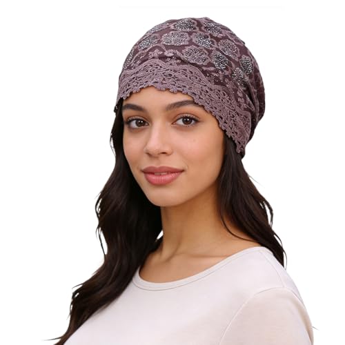 PAZUVO Lightweight Lace Beanie for Women Rhinestone Hat Floral Lace Headwrap for Chemo Hair Loss&All-Season Fashion (Deeppurple)