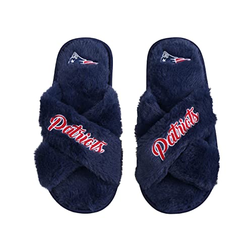 Foco Women's Nfl Team Logo Cross Band Soft Plush Furry Cozy Open Toe House Shoes Slippers, New England Patriots, Medium 7-8 #TOP22