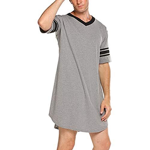 N /C Men Cotton Nightshirt, Short Sleeve V-Neck Soft Loose Nightwear (Grey, Xxl) #TOP2