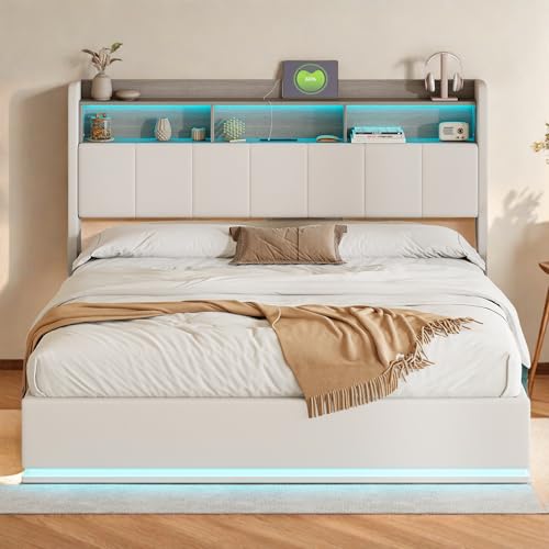 Yeutre Lit Coffre 160x200 avec LED et Port USB, Lit Double avec Étagères Ouvertes, Hydraulique Rangement et Tête de Lits Capitonné, Cadre de Lits 2...