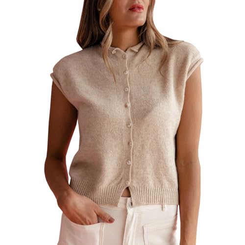 HOXIJIA Women Solid Color Button Down Knit Vest Causal Lapel Collar Cap Sleeve Sweater Shirt Summer Outgoing Streetwear