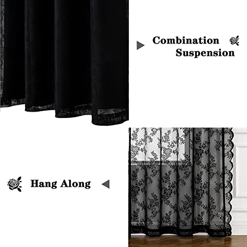 Black Curtains For Living Room 95" Long Double Layer Solid Blackout And Lace Sheer Grommet Energy Efficiency Set Of 4 Piece Kids Girls Curtain Panels For Holiday Hotel Office Balcony, 52" Width #TOP6