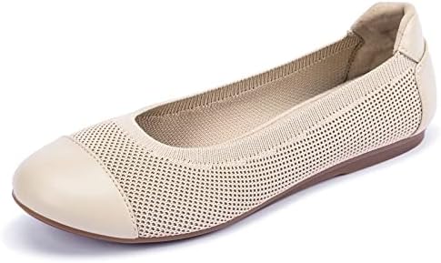 Frank Mully Women's Ballet Flats Round Toe Walking Flats Slip On Work Shoes Knitted Flats Shoes for Woman Soft Lightweight,Synthetic Leather,Ecru 9.5
