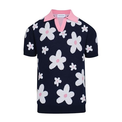 OXKNIT V-Neck Knit Polo for Men Geometric Patterns Dark Blue Knit Casual Golf Poloshirts