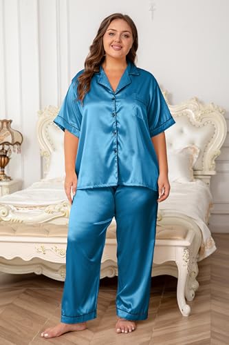 Image of Vozanet Women's Button Down Satin Pajama Sets Silky Short Sleeve Top & Pants Plus Size Loungewear Classic Sleepwear XL to 5XL