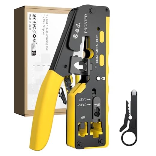 Proster RJ45 Crimpzange 3 in 1 Ethernet Crimpwerkzeugsatz mit Mini-Abisolierzange RJ45 Durchgangs-Crimper RJ45 Crimpzange für 8P RJ45 Cat6 Cat5 Cat5e Cat7 6P RJ11 RJ12 Telefonstecker