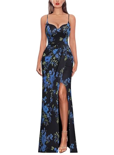 Image of VFSHOW Womens Sexy Formal Ruched Fitted High Slit Bodycon Maxi Dress Spaghetti Strap Sweetheart Cocktail Prom Evening Gown