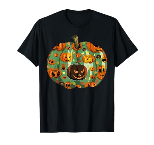 Halloween Zucca Tee Vintage Autunno Foglie Mostri Zucca Maglietta
