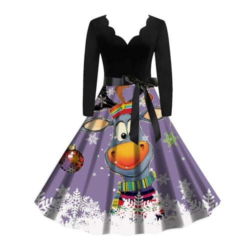 Weihnachtskleid Damen Kleid Weihnachten Festlich Elegant V Ausschnitt Petticoat Kleid Langarm a Linie Rockabilly Kleider mit Weihnachtsmotiv Xmas...