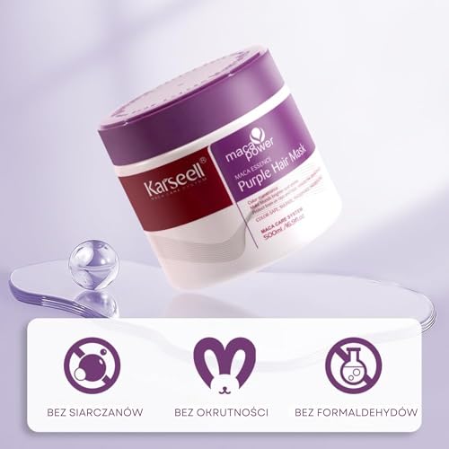 Karseell MACA CARE SYSTEM Fioletowa Maska Do Włosów Blond Siwych Rozjaśnianych Antyżółta Nawilżająca Regenerująca Kolagen Maca Argan Bez SLS Bez Parabenów Połysk Gładkość 500ml