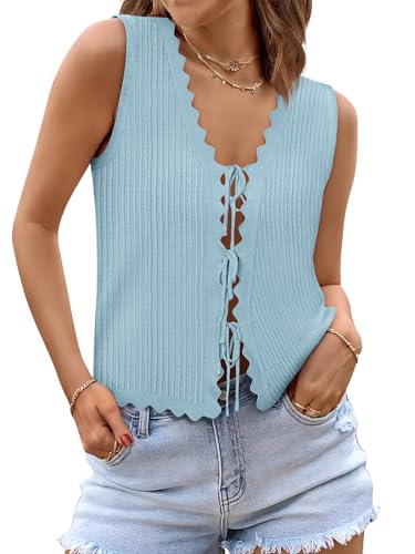 Image of COCCKO Womens Summer Tops Vacation Beach Outfits Cute Tie Front Crochet Vest Knit Sleeveless Sweaters