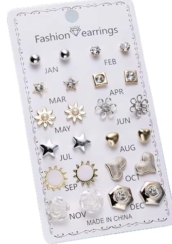Image of 12 Pairs Trendy Stud Earrings Set with Crystal and Pearl, Heart, Flower, Star and Geometric Styles