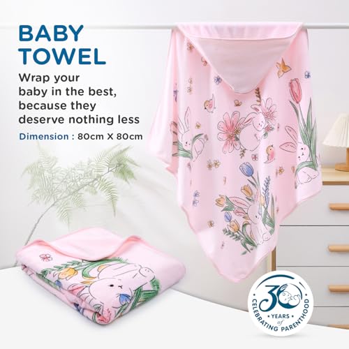 Image of Mee Mee Hooded Baby Bath Towel for New Born | Wash Cloth, Quick Absorbent, Can be Used for Baby Swaddling, Extra Soft Cotton Towels for Kids /Toddlers /Infants /Babies, Pack of 1, (Pink Flowers) 80X80 CM