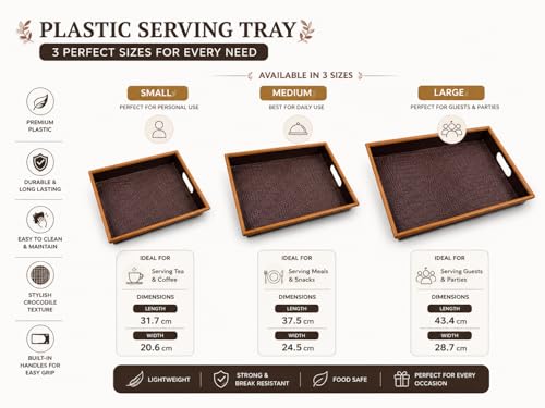 Image of KITCHIVO 3 Pcs Plastic Serving Tray Set with Handle | Multipurpose Tea Snacks Breakfast Tray | Floral Printed Rectangular Serving Trays for Kitchen & Home (Dark Chocolate)