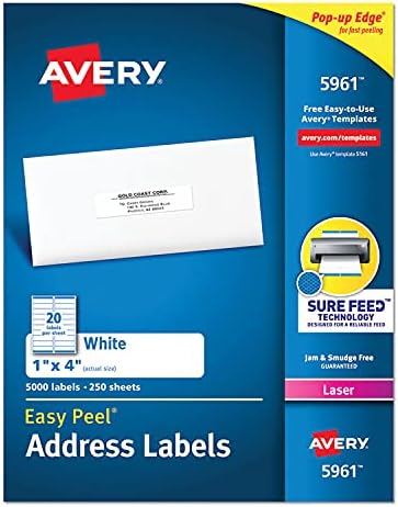 Easy Peel White Address Labels w/ Sure Feed Technology, Laser Printers, 1 x 4, White, 20/Sheet, 250 Sheets/Box