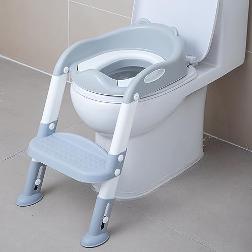 Image of EGREE Potty Training Toilet Chair Seat with Step Stool Ladder for Kids and Toddler Boys Girls - Foldable Height Adjustable Children Toilet Training Seat with Safe Handles & Anti-Slip Pads, White-Grey