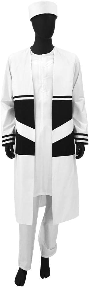 Men`s Suit Long Coats Dashiki Shirts Ankara Pants Traditional Hat 4 Piece Set African Clothing Attire Wear