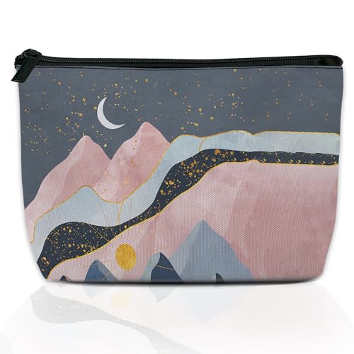 DEMACYA Abstract Mountains Makeup Bag for Purse, Waterproof Funny Sun Moon Stars Cosmetic Bag for Women, Zipper Travel Toiletry Pouch Gift 9.5×5.9 Inch