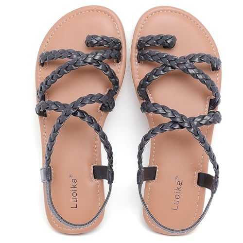 Image of Luoika Women's Wide Width Flat Sandals, Flip Flop Casual Strapy Sandals Slip on Summer Beach Shoes for Women.