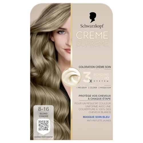 Creme Supreme - Schwarzkopf - Coloration Permanente- Resultat Couleur Uniforme - Coloration Creme Soin - Bonding - Pre-serum et Masque Soin - Couverture 100% Cheveux Blancs - 8-16 - Blond Cendre