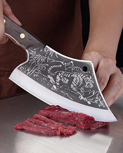 Zeng Jia Dao Knife Block And Meat Cleaver Chef Knife Set - 8 Inch Hand Forged Butcher Knife - Full Tang High Carbon Stainless Steel - Carved With Tiger Pattern For Meat Cutting #TOP3