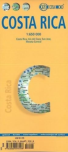 Costa Rica, mapa de carreteras plastificado. Escala 1:650.000. Borch.: Isla del Coco, San José, Meseta Central (Borch Map)