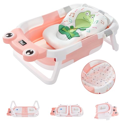 Image of Tuyedoqe Foldable Baby Bathtub for Newborn to Toddlers, Foldable Bath Tub with Thermometer & Soft Cushion & Bath Net, Durable Portable Travel Bathtub with Drain Hole for Infants (Pink Baby Bathtub)